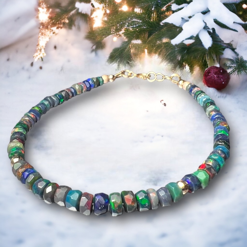 Handcrafted Solid 14k Rose Gold Natural Black Opal Bracelet 7.32" - 7.68"